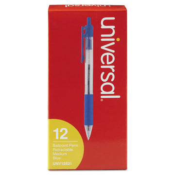 Universal™ Comfort Grip Ballpoint Pen, Retractable, Medium 1 Mm, Blue Ink, Clear Barrel, Dozen freeshipping - TVN Wholesale